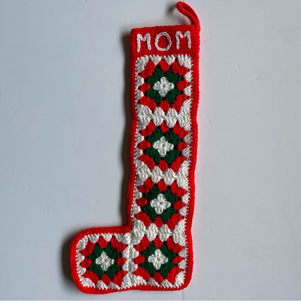 Crocheted Granny Square Christmas Stocking Mom Red Green 19” Long Hand Made EUC